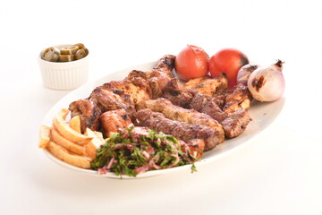 Kebab, traditional Turkish, Greek meat and chickens food, isolated on white background