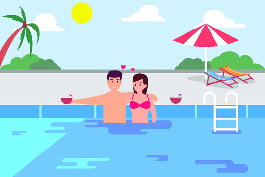 Happy couple cartoon enjoying coconut drinks on the swimming pool.