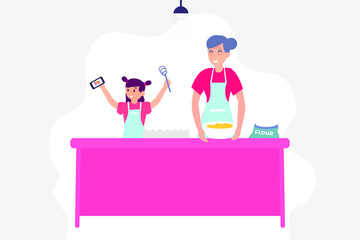 Quality time vector concept: Granddaughter and grandmother cooking together in the kitchen while taking selfie photo