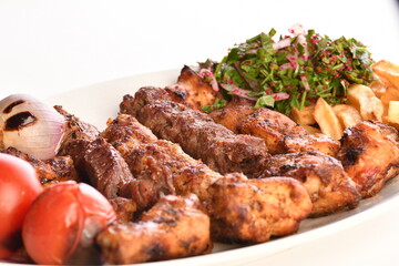 Kebab, traditional Turkish, Greek meat and chickens food, isolated on white background