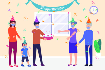 Happy three generation family celebrating grandmother birthday while wearing face mask at home. Vector flat illustration