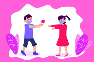 Giving flower vector concept: Little boy giving a flower to his friend while wearing face mask in new normal