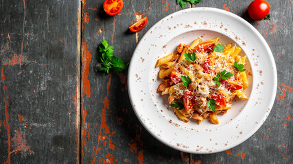 Tasty appetizing classic italian Penne pasta with tomato sauce, chicken, tomatoes, cheese parmesan. Italian cuisine. Long banner format, top view