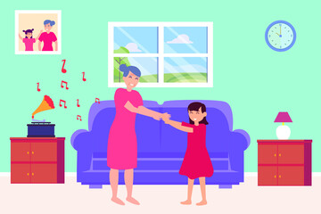 Quality time vector concept: Little girl and grandmother playing game together  while sitting on the sofa 