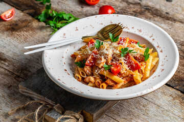 Penne pasta with chicken meat, tomato sauce and vegetables served with parmesan cheese on rustic wooden table. Restaurant menu, dieting, cookbook recipe. top view.