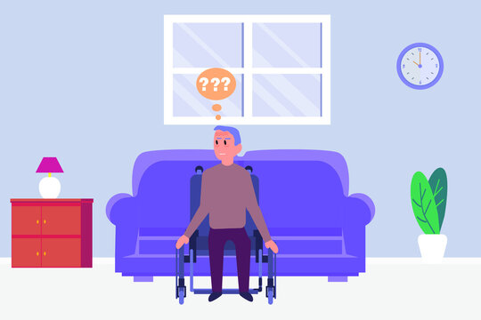 Confusion vector concept: Old man sitting on the wheelchair while feeling confused with questions mark over his head