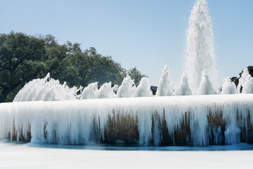 Mecom Fountainfountain froze over as a result of abnormal frost,  Houston, Texas, United States.