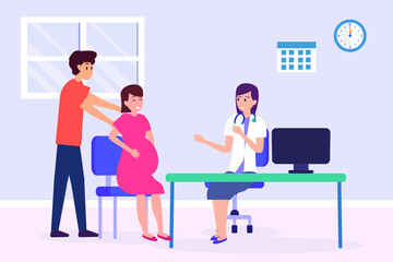 Pregnancy vector concept: Young couple doing consultation with female doctor while visiting doctor in hospital