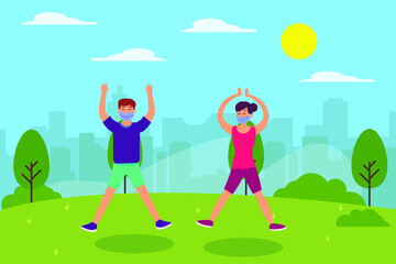 Obraz na płótnie Canvas Exercise vector concept: Young couple doing jumping jacks exercise together in the park while wearing face mask in new normal