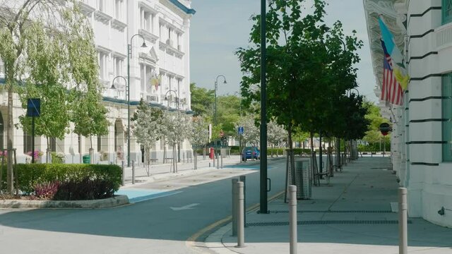Street view of Wisma Yeap Chor Ee and Wisma Kastam at Georgetown, Penang, Malaysia during noontime with no traffic.
