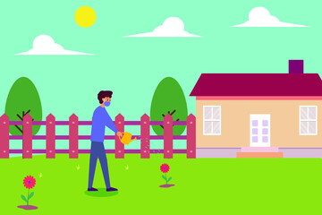 Obraz na płótnie Canvas Gardening vector concept: Young man watering flower in the backyard while wearing face mask in new normal