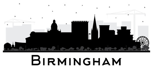 Birmingham UK City Skyline Silhouette with Black Buildings Isolated on White.