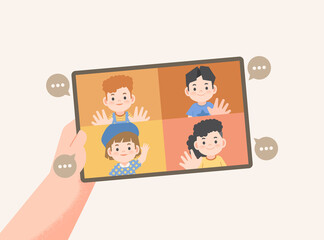 a hand holding tablet children video call social online group to connect together with friends from distancing place illustration vector.