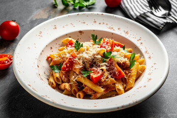 Penne pasta in tomato Bolognese sauce, chicken meat and parmesan cheese. quick delicious pasta meal Italian food. Food recipe background. Close up