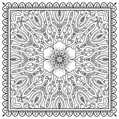 Outline square floral pattern in mehndi style for henna, mehndi, tattoo, decoration. decorative ornament in ethnic oriental style. doodle ornament. outline hand draw illustration. coloring book page.