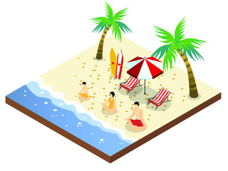 Happy family meditating together while sitting on the beach during summer time. Isometric vector concept