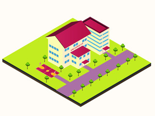 University building with basketball court isometric vector concept