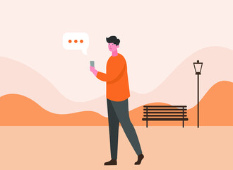 Leisure time vector concept: Young man chatting on his smart phone while walking in the park