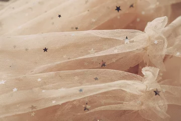 festlicher Tüllstoff mit Sternen. textur aus beigem netzgewebe mit sternen. Konzept der Hochzeit, weibliche Kleidung, Feiertage, Geburtstag. Social Media, Blog, Buchinhalt. © Yulia Panova