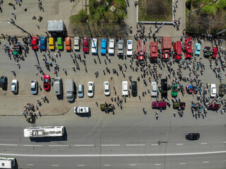 Fototapeta premium Aerial view of the parade of retro cars in 2019 (Kirov, Russia)