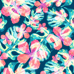 Abstract floral seamless watercolor pattern with flowers and leaves. Hibiscus flowers and monstera leaves on a dark blue background. 