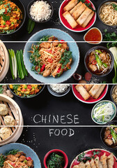 Collage of assorted Chinese food on dark background. Asian food concept.