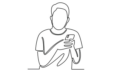 Continue line of man holding cellphone, using mobile application to chat or sending message