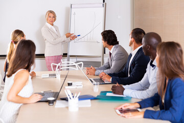 Business woman presenting strategy to colleagues in modern office