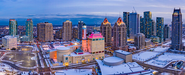 Evening aerial view of downtown Mississauga with detailed view of clock tower.
