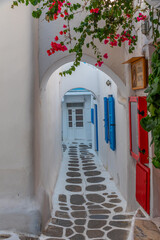 White street in the old town of Mykonos, Greece