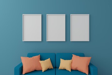 Picture frames hanging on the blue wall over the blue couch. 3D render of picture frame and couch. 3D interior design.