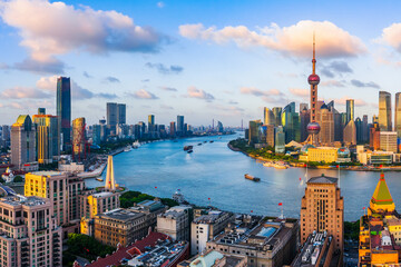 Aerial view of Shanghai skyline at sunset,China.