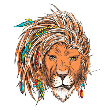 Beautiful lion head in boho style illustration. Illustration in a hand-drawn style. Wild animal with pigtails and feathers. Stylish image for printing on any surface