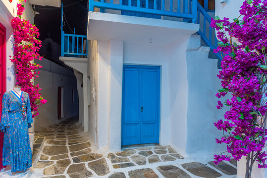 Night View Of A White Street In The Old Town Of Mykonos, Greece