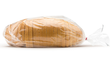 Sliced bread in a plastic bag. Bread slices on white isolated background. Industrial baking bread made from white flour.