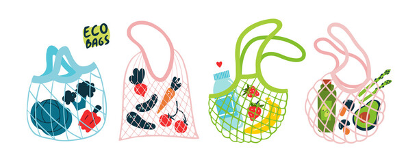 Set of reusable net bags with groceries. Eco-friendly shopping tote bags. Zero waste concept. Hand drawn vector illustration.