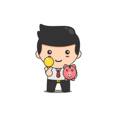 cute chibi businessman with coins and pig savings