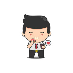 cute chibi businessman enjoying donuts and coffee
