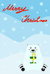 cute Christmas card, banner, poster contain polar bear hug gift box sitting on the ground and red alphabets on light blue land background with fall of snowflake