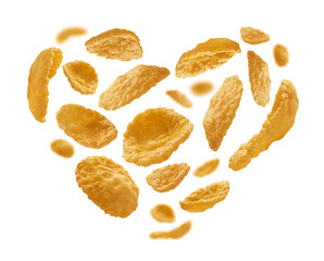 Corn flakes in the shape of a heart on a white background