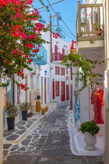 Tourist shops at a narrow street in the old town of Mykonos, Greece