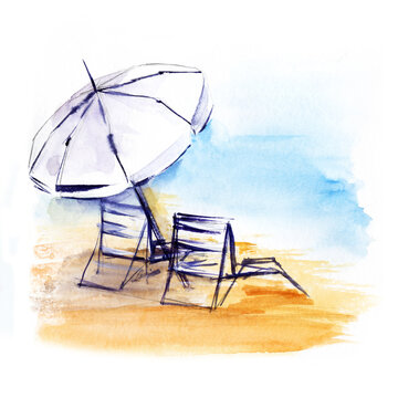 Watercolor summer landscape of two sun loungers under beach umbrella on sandy coast of azure sea. Hand drawn illustration of resort extracted on white backdrop. Brush stroke sketch of dream vacation
