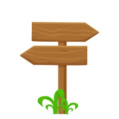 Wood signpost, pointing with direction in cartoon style isolated on white background. Wild west, ui assets design. Empty plank, banner with arrow detailed and textured. 