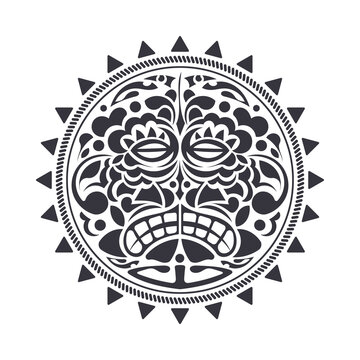 Frightening masks in the Polynesian native ornament. Polynesian tattoo design mask. Isolated vector illustration