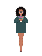 A dark-skinned girl in glasses and a long T-shirt holds a pot with a flower in the gooks. African American girl in full growth. Isolated. Vector.