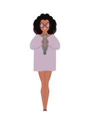 A dark-skinned girl in glasses and a long T-shirt is holding a gray cat. African American girl in full growth. Isolated. Vector.