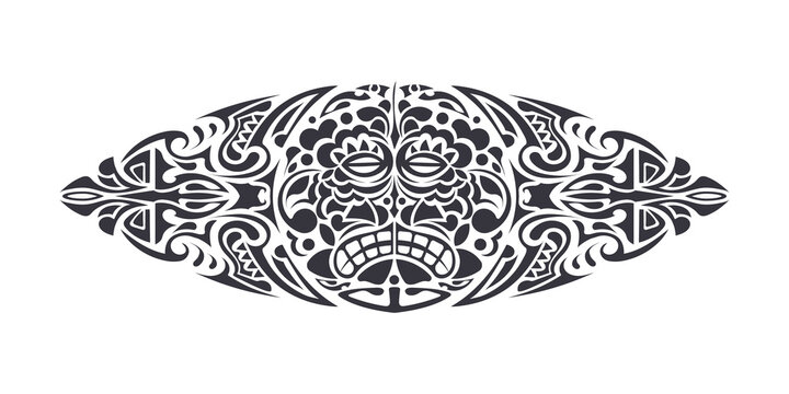 Hawaiian or Polynesian style tattoos. Good for the back or chest. Mask of the gods. Traditional tribal ornament. Handmade. Vector illustration.