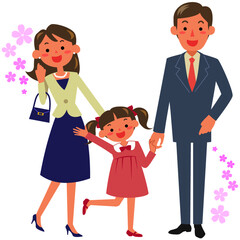 小学校の入学式に行く女の子と両親