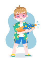 [Thailand Songkran Festival] Cute style tourist holding water gun cartoon illustration