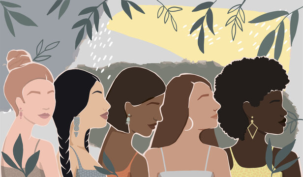 women of different ethnic groups together. modern flat illustration
